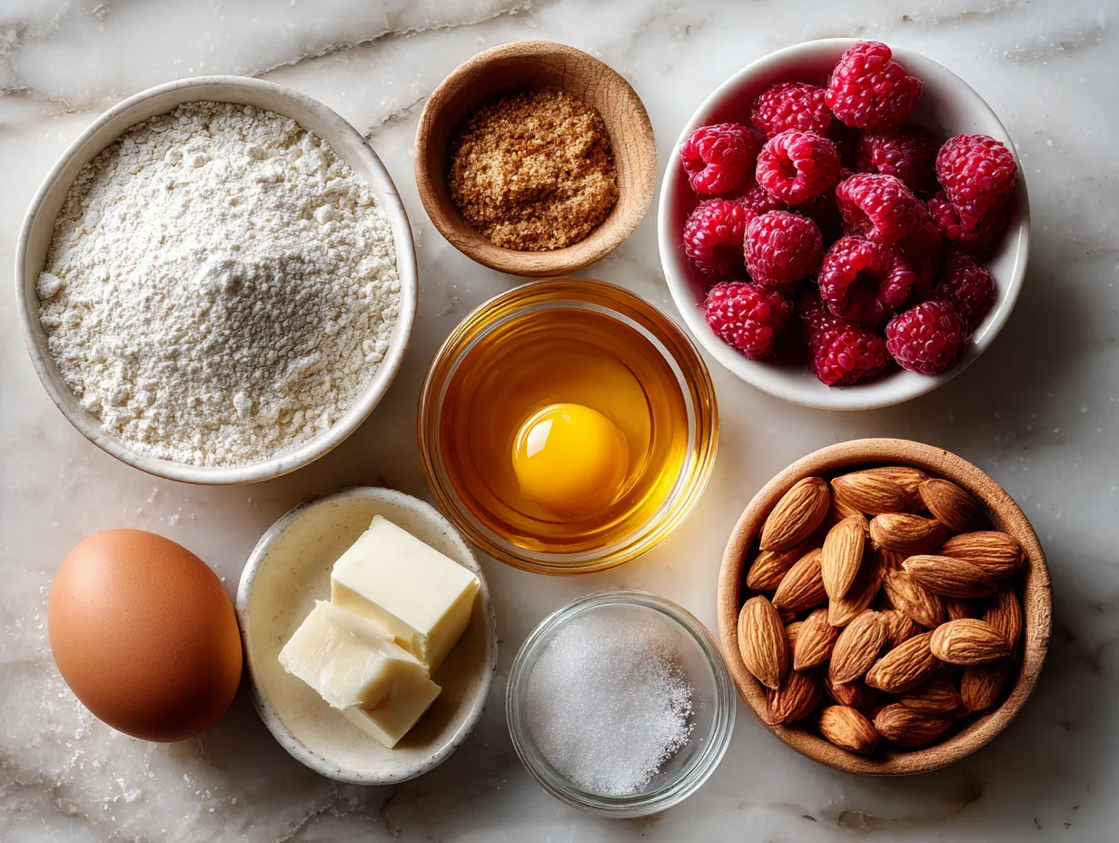 Ingredients laid out for Raspberry Almond Crumble Bars including flour, oats, raspberries, and almonds