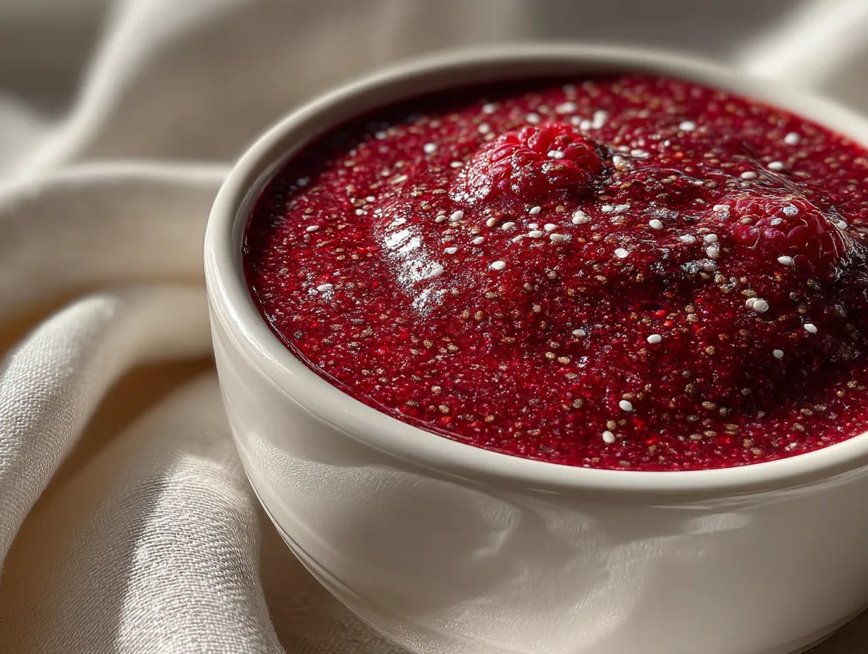 Serving suggestion of Raspberry Almond Protein Chia Pudding topped with fresh raspberries and sliced almonds