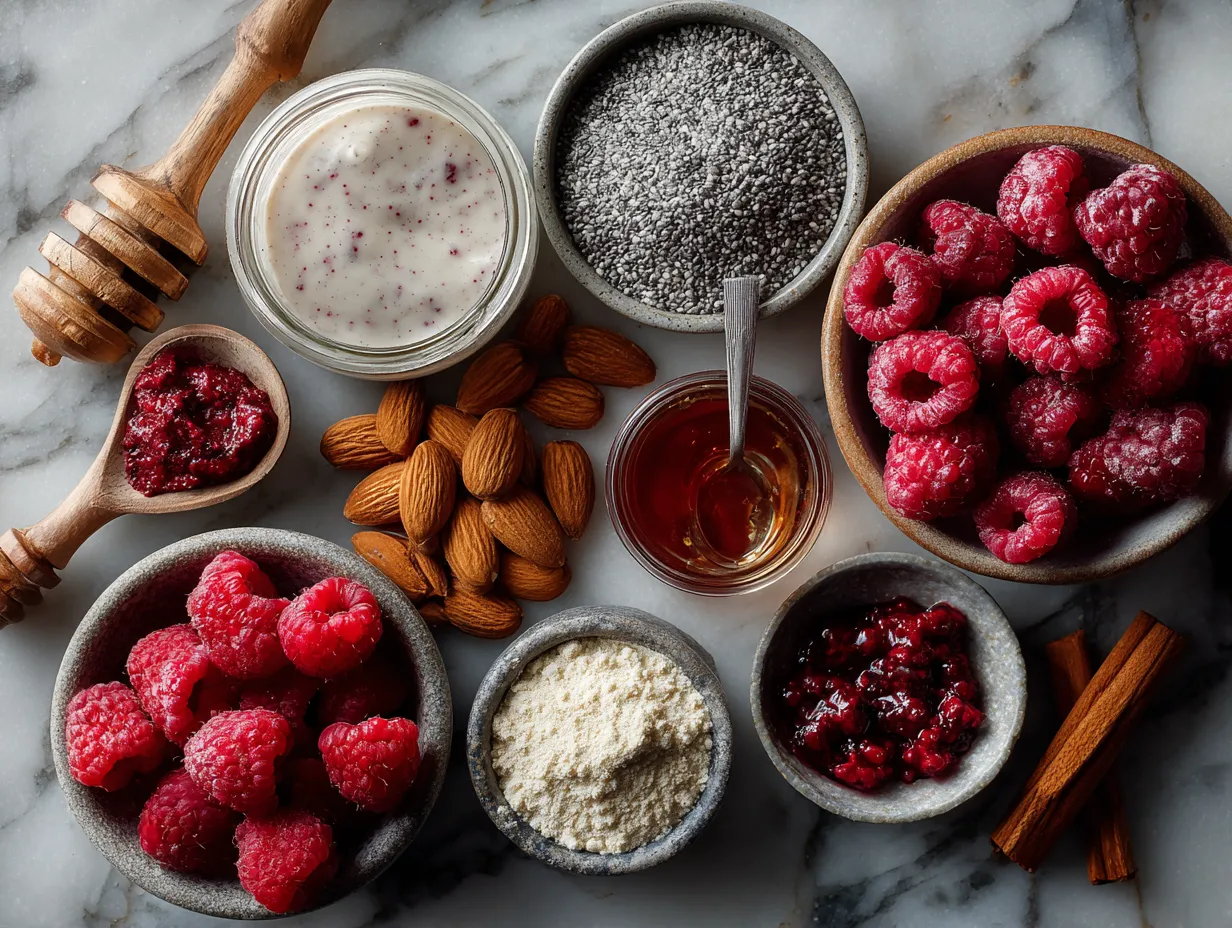 Ingredients for Raspberry Almond Protein Chia Pudding including almond milk, chia seeds, raspberries, protein powder, almond butter, maple syrup, vanilla extract, and sea salt