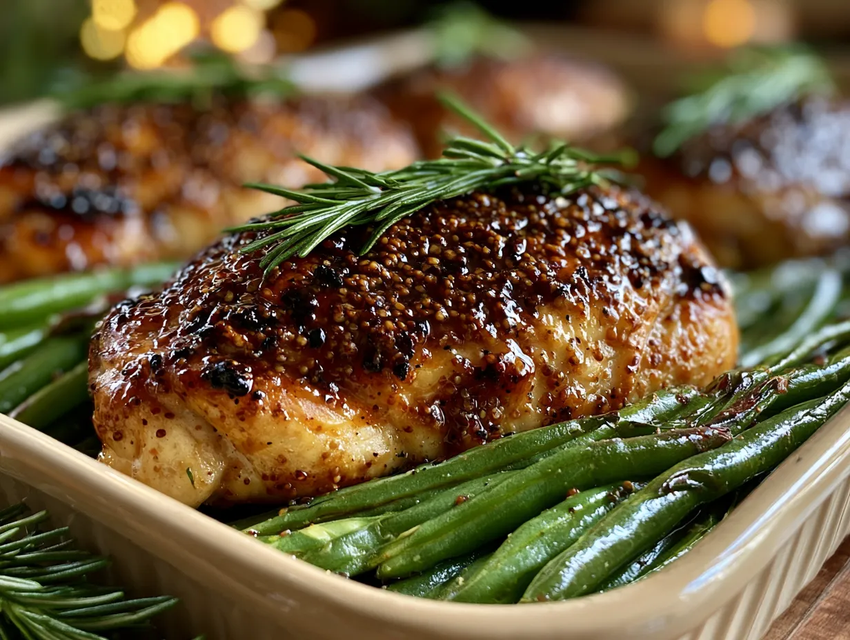 Serving Sheet Pan Honey Mustard Chicken Green Beans with roasted chicken and green beans