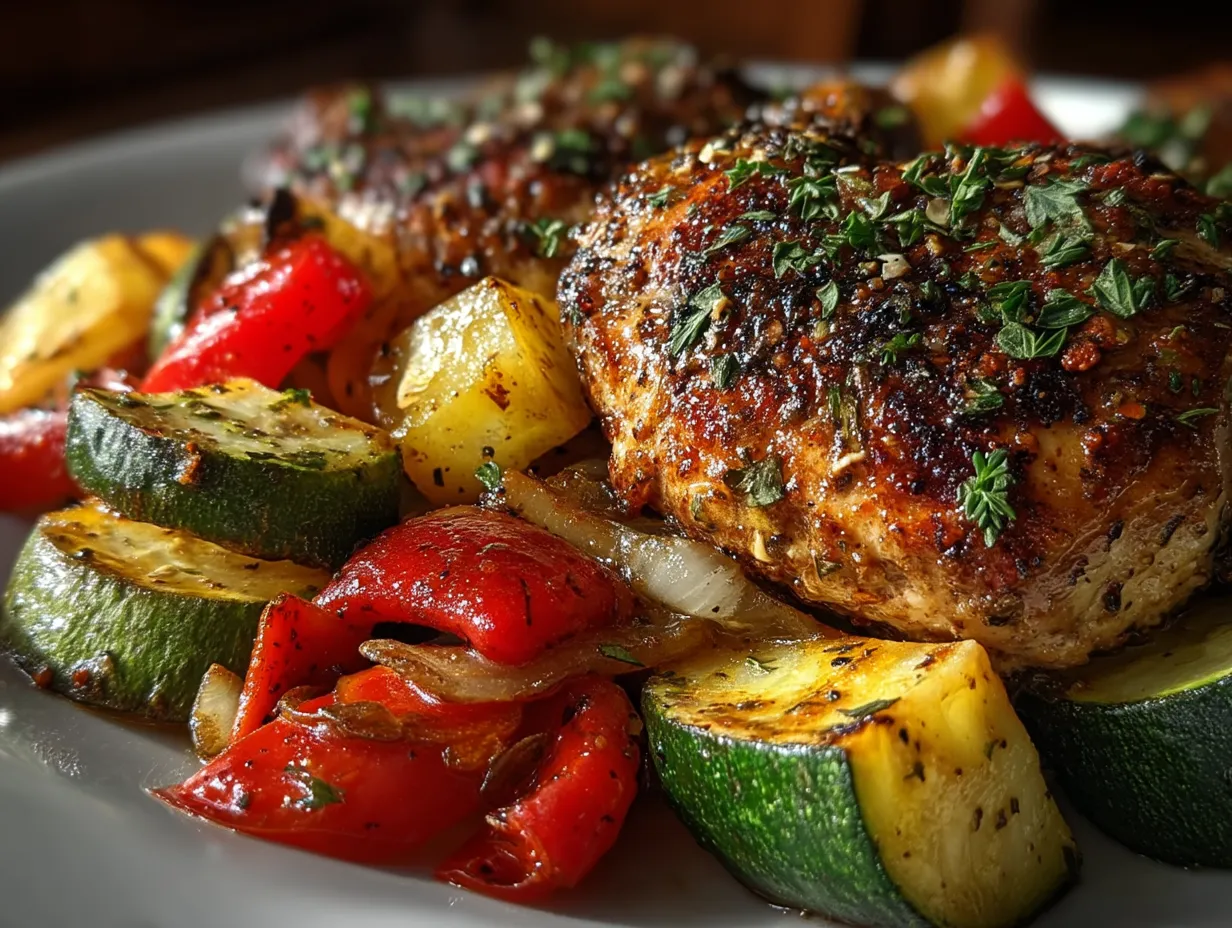 Served Sheet Pan Mediterranean Chicken Veggies on plate