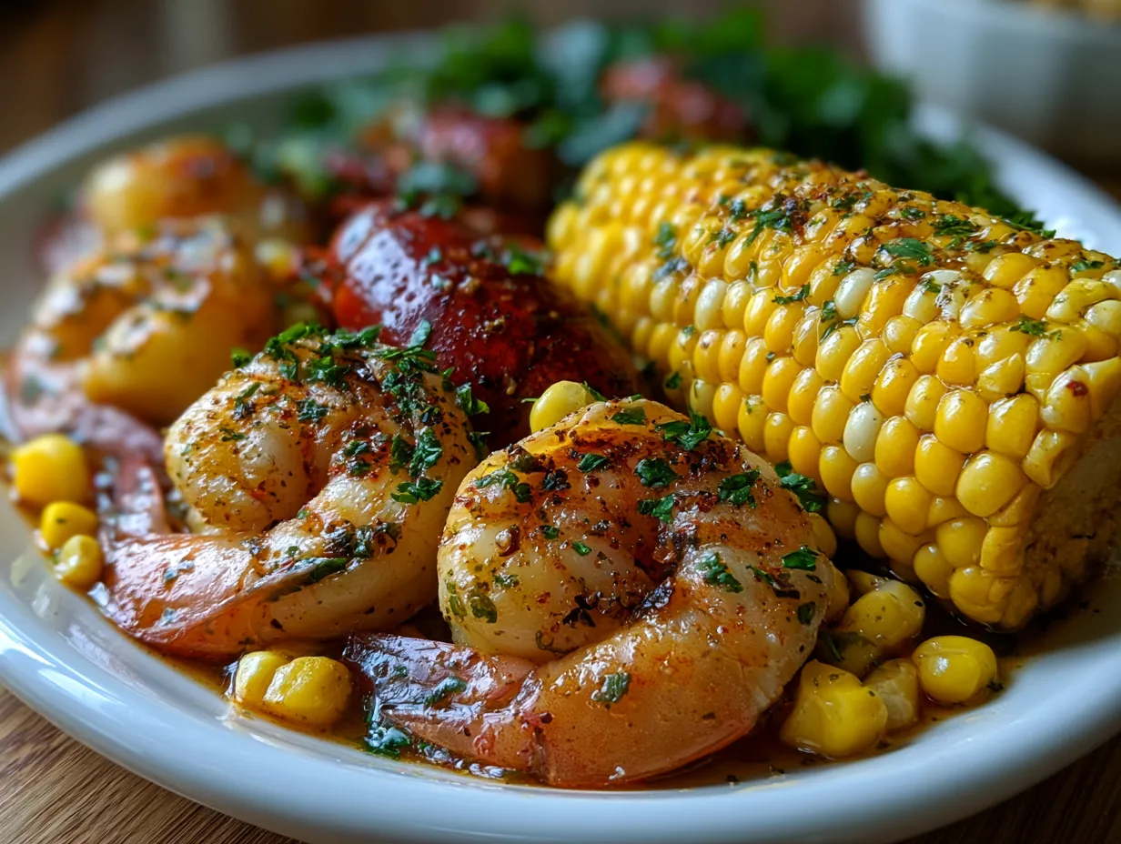 Family-style shrimp boil served with corn, potatoes, and sausage