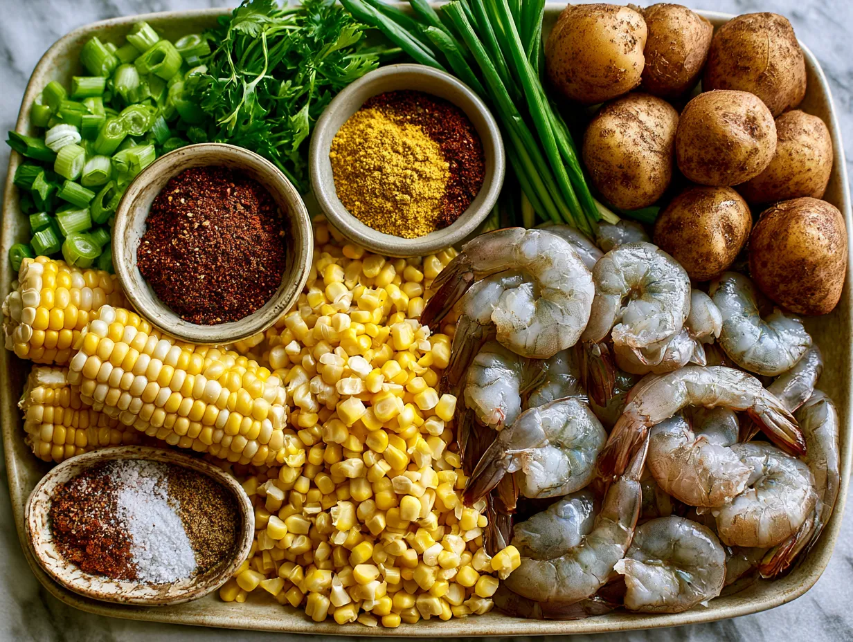Ingredients for shrimp boil including shrimp, corn, potatoes, and sausage