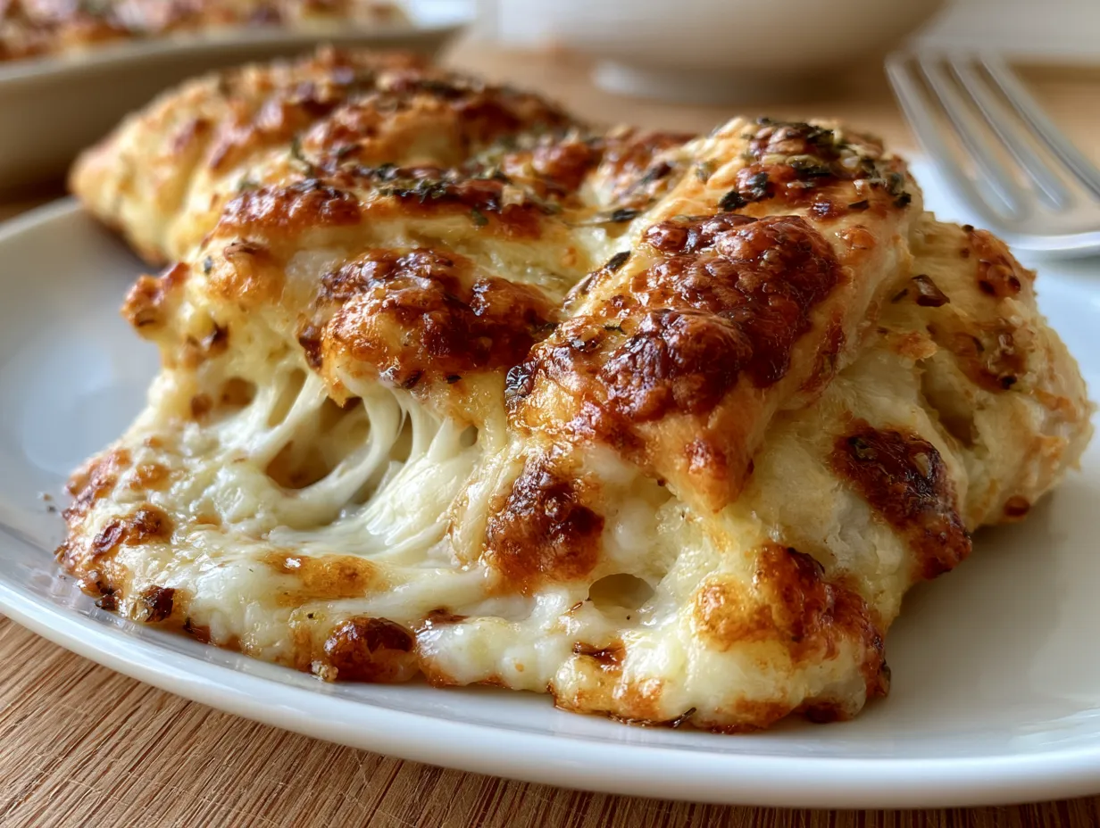 Served spooky mummy cheesy garlic breadstick on plate with dip