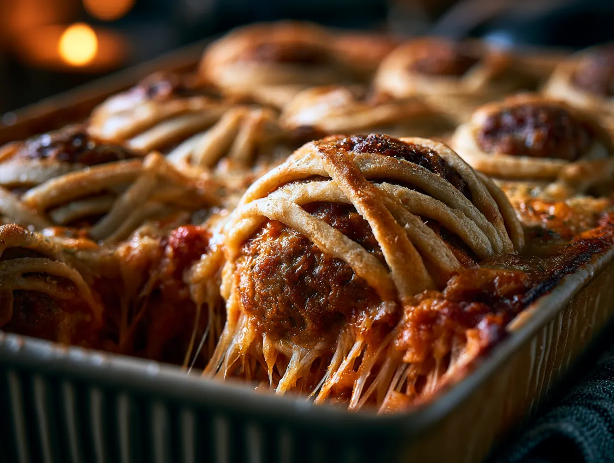 Spooky Mummy Meatball Casserole Bake ready to serve with family-style sides
