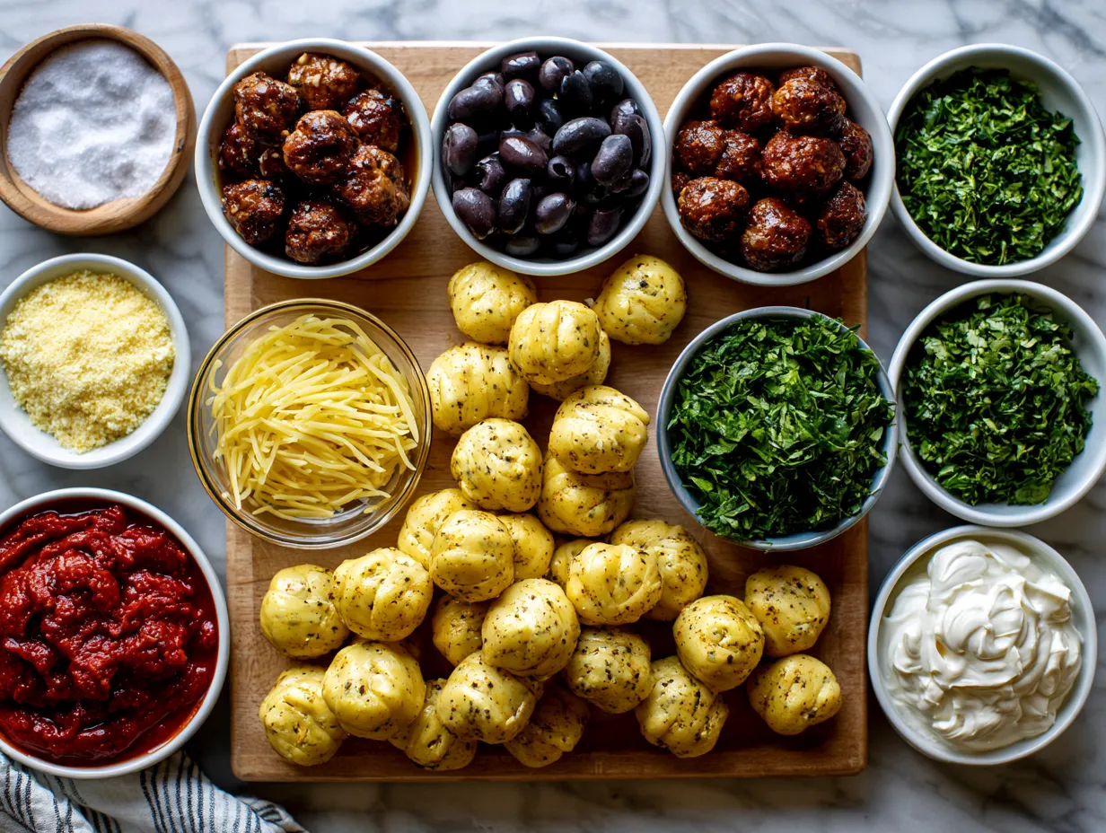 Ingredients for Spooky Mummy Meatball Casserole Bake