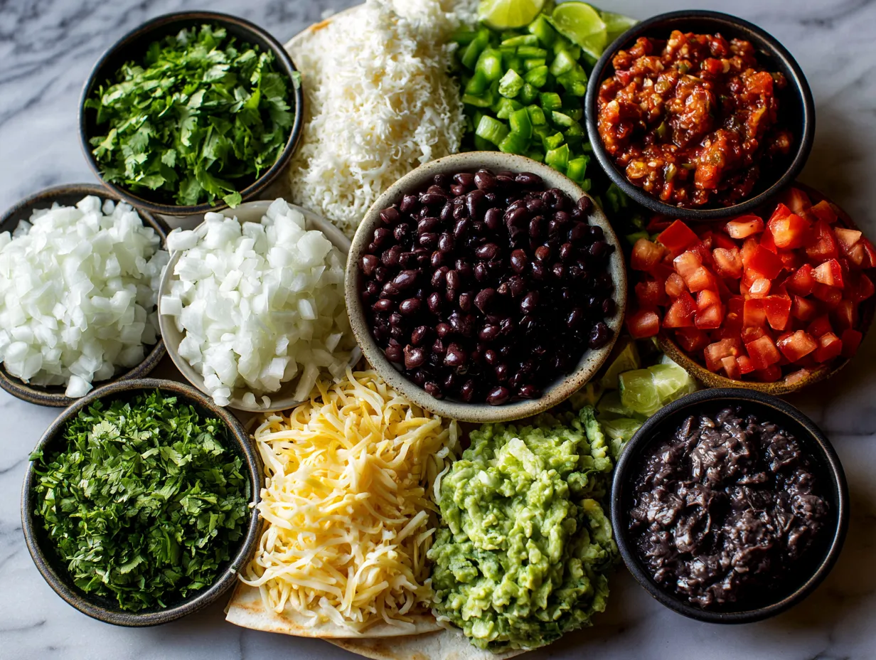 Ingredients laid out for Spooky Spider Web Cheese Quesadilla including tortillas, cheese, cream cheese, olives, and butter
