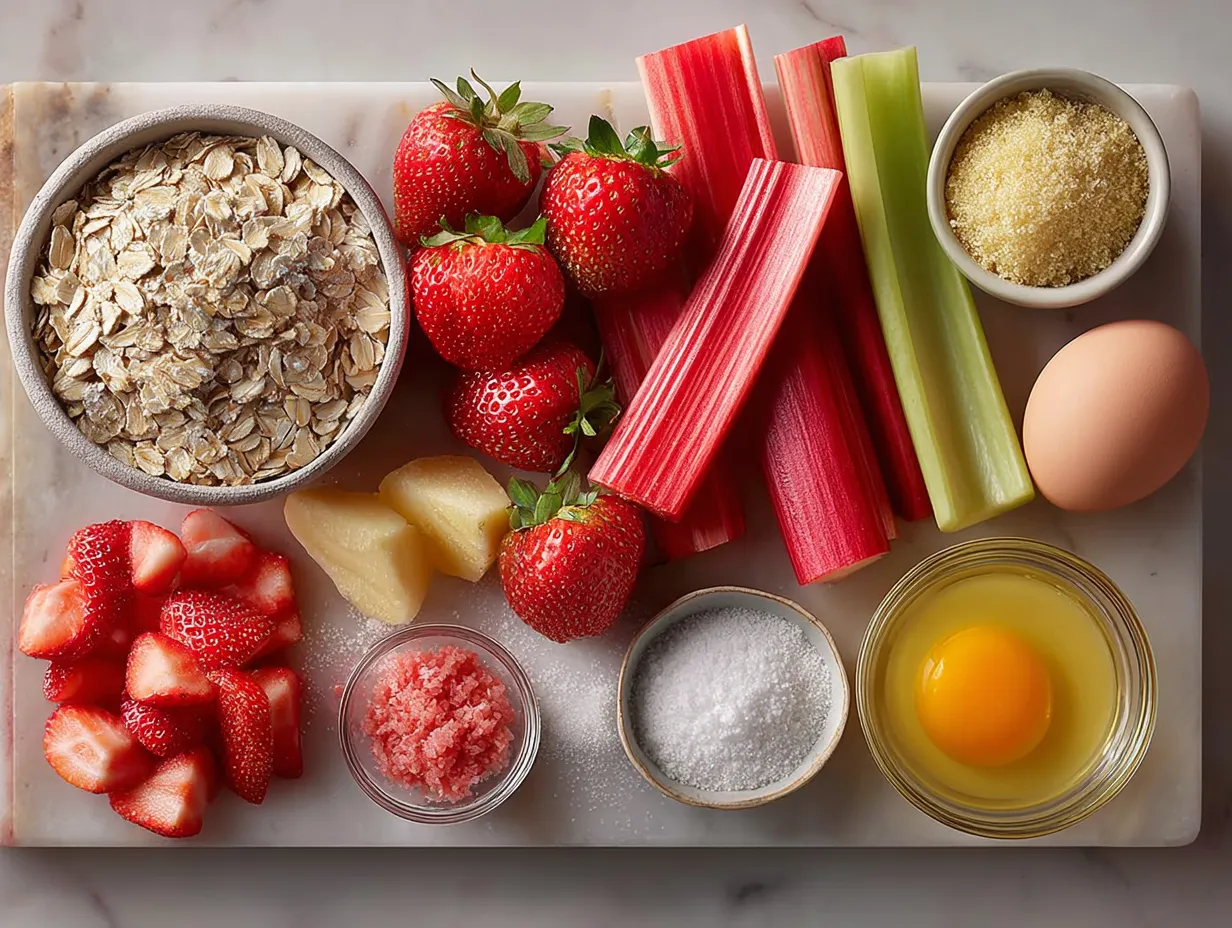 Ingredients for Strawberry Rhubarb High Protein Crisp including fresh strawberries, rhubarb, oats, protein powder, and nuts
