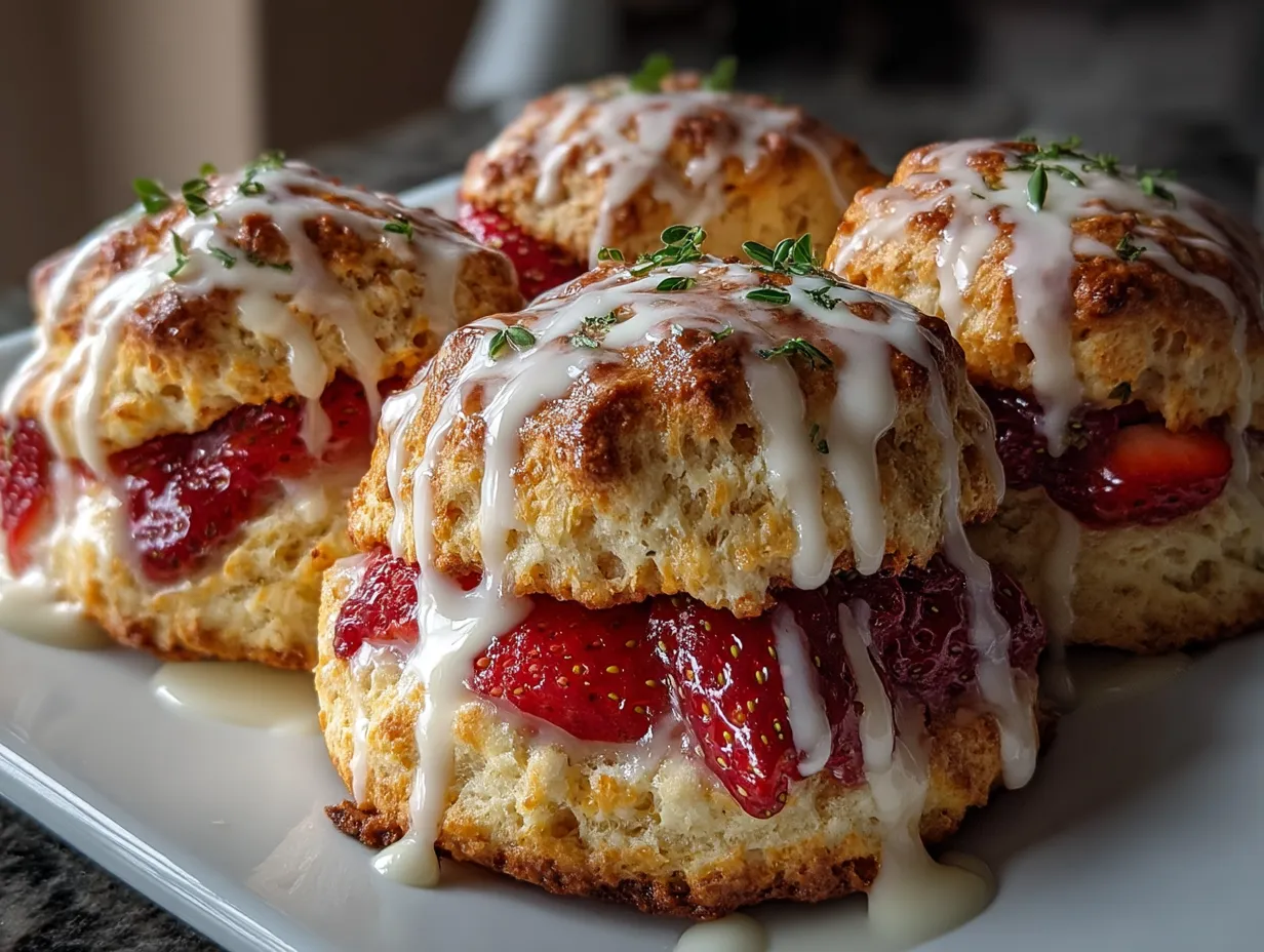 Freshly baked Strawberry Shortcake Protein Biscuits served on a plate