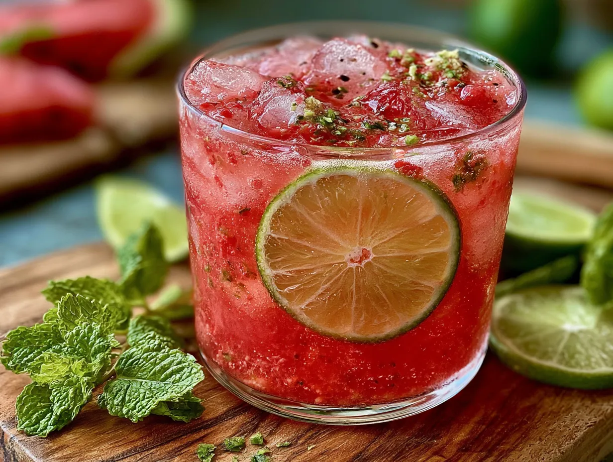 Watermelon Lime Protein Refresher served in a glass with lime wedge garnish