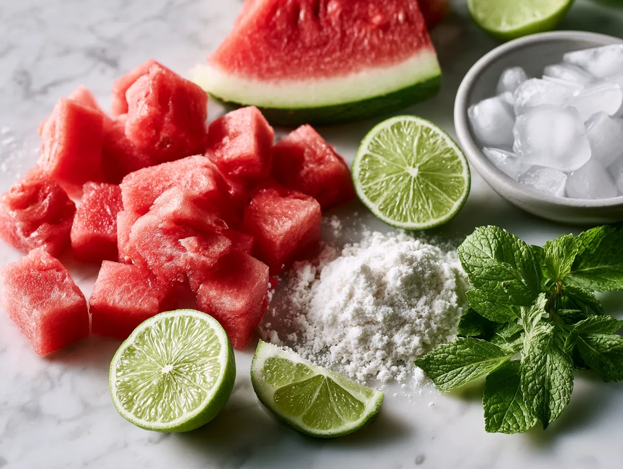 Ingredients for Watermelon Lime Protein Refresher including fresh watermelon cubes, lime, protein powder, water and sweetener