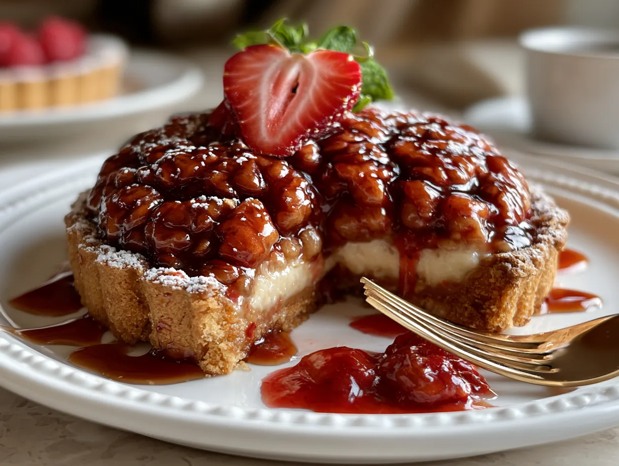 Zombie Brain Strawberry Tart served on a white plate