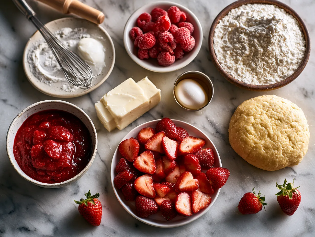 Ingredients for Zombie Brain Strawberry Tart displayed on a kitchen counter