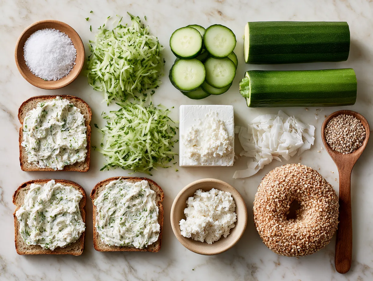 Ingredients for Zucchini Cream Cheese Protein Bagels displayed in bowls and measuring cups